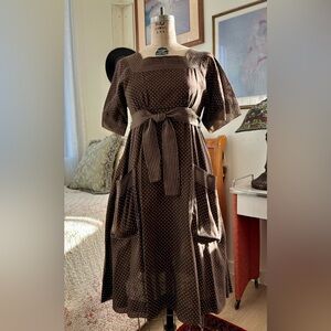 Vintage 60s 70s S. Howard Hirsh Empire Waist Square Neck Brown Polka Dot Dress